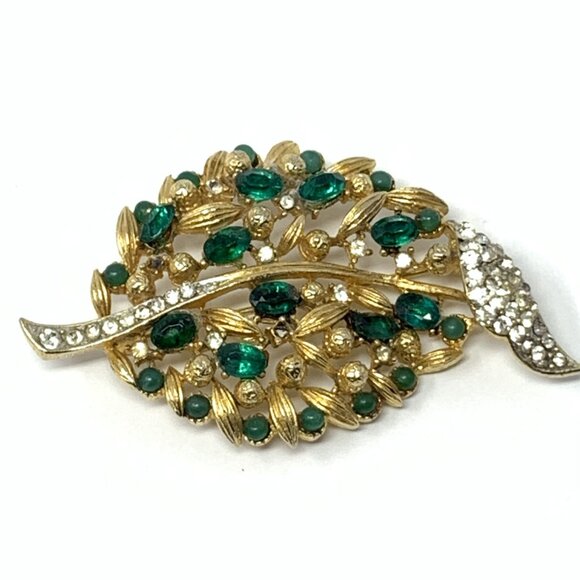 Lisner Gold-Tone Leaf Rhinestone Brooch - Picture 2 of 7